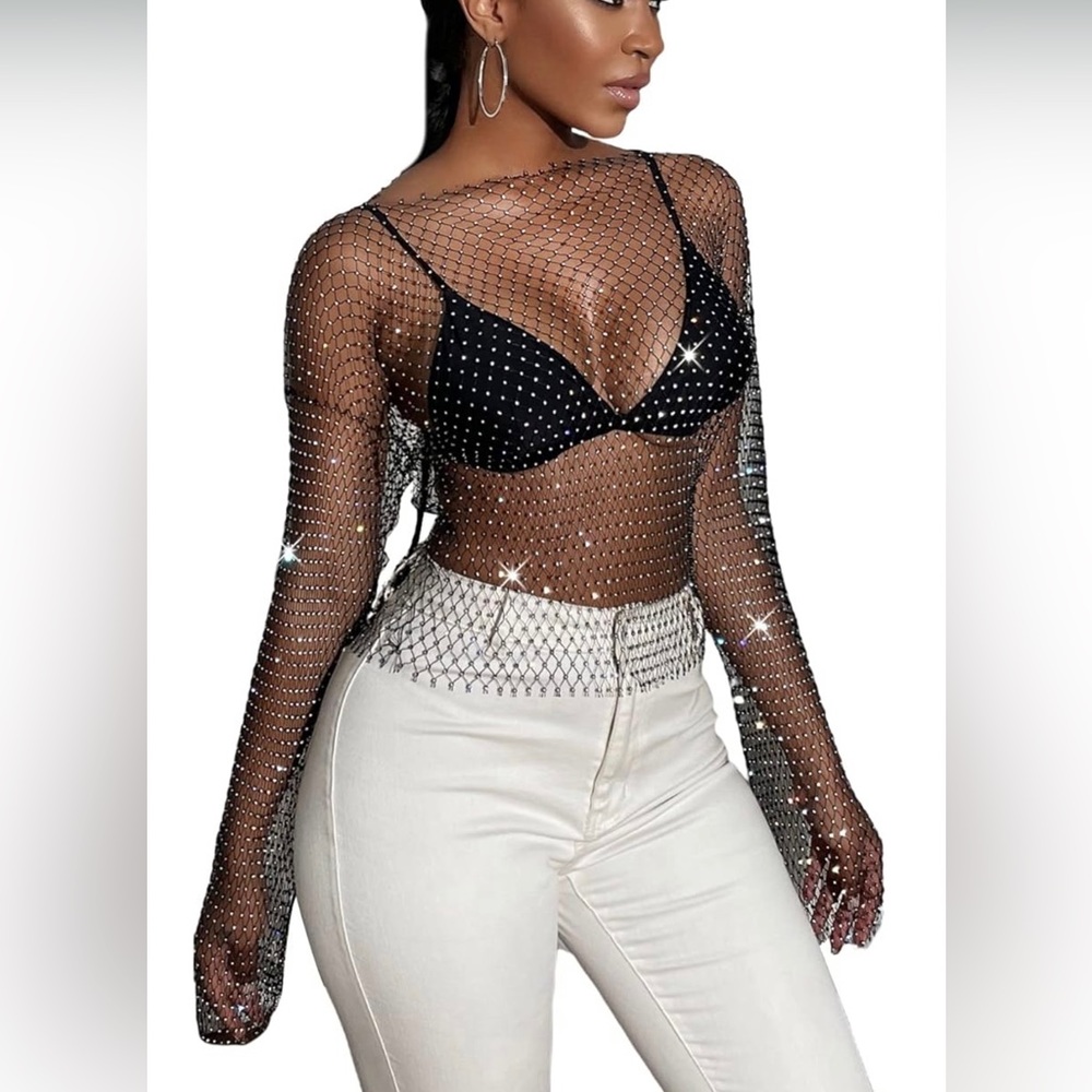 Women’s Long Sleeve Rhinestone Mesh See through Crop top